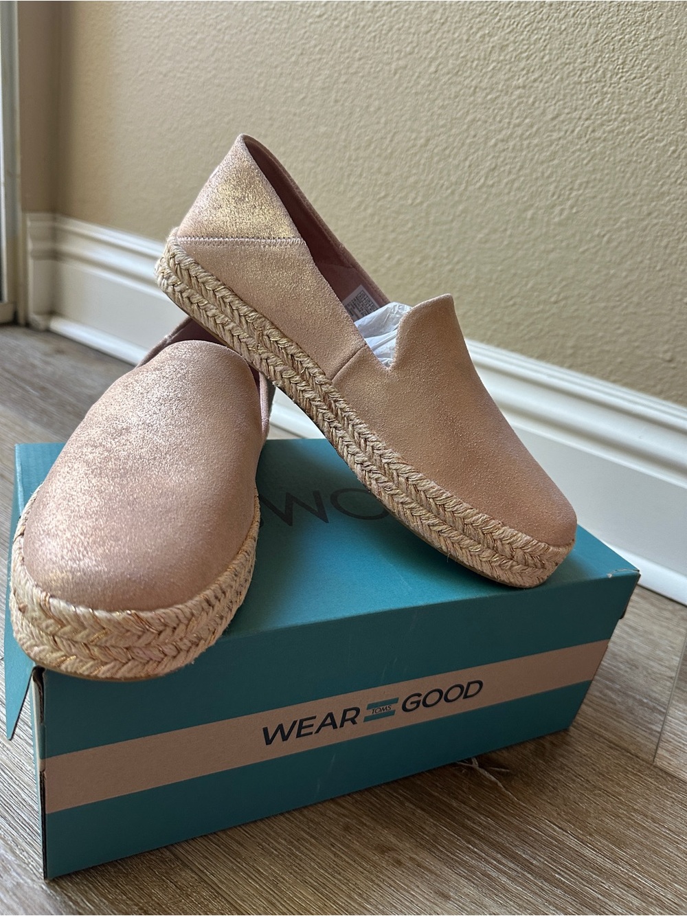 TOMS Women’s Carolina Espadrille Slip-On Shoes in Pale Rose Metallic suede